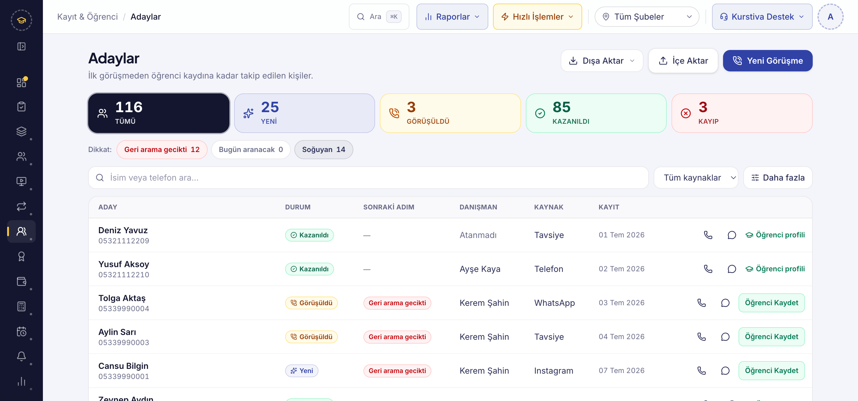 Kurstiva CRM görüşme takibi ekranı