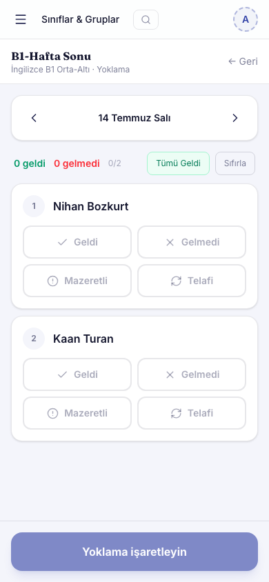 Mobil yoklama ekranı